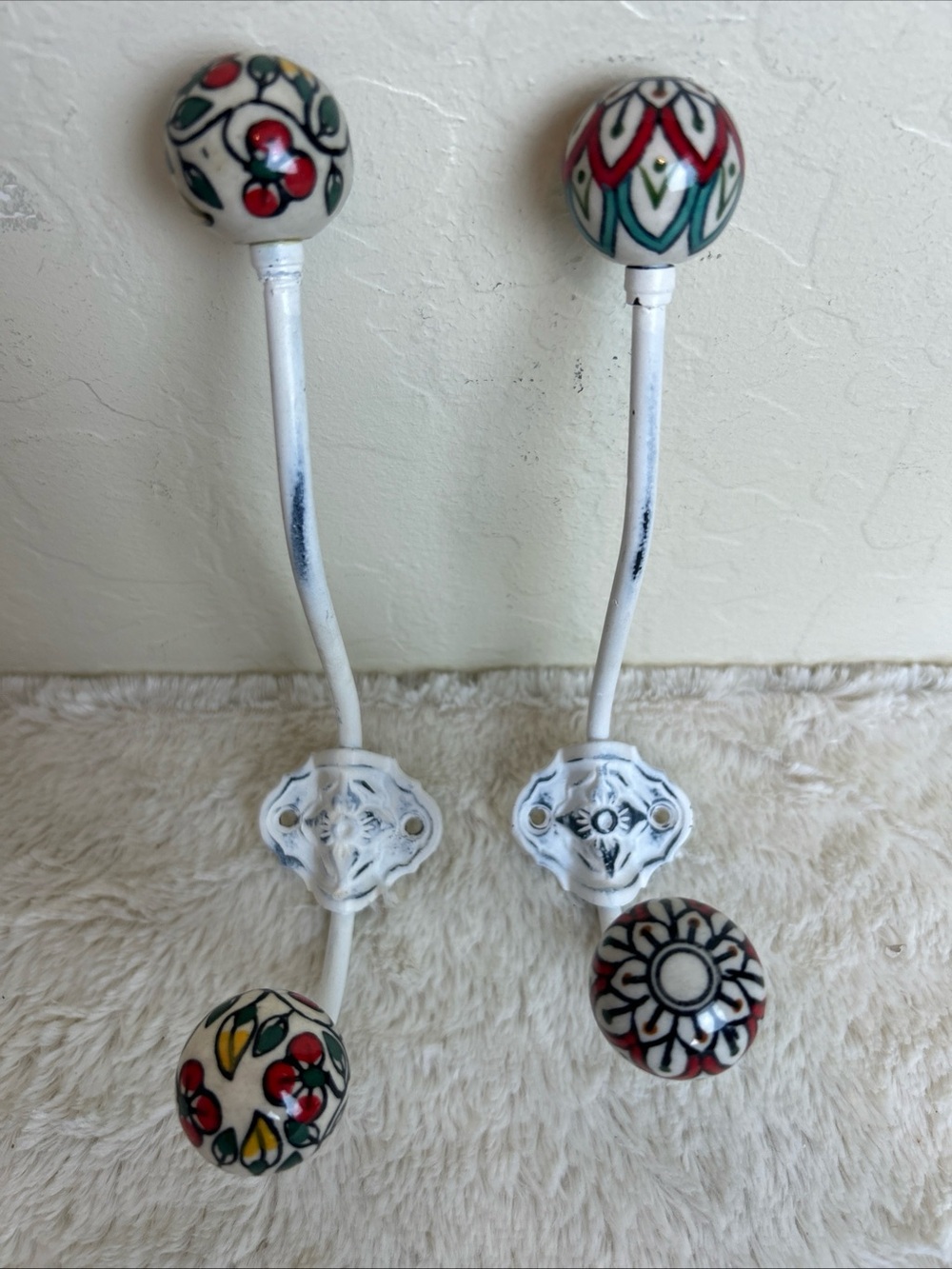 Hand-Painted White Ceramic Floral Wall Hooks - Set of 2